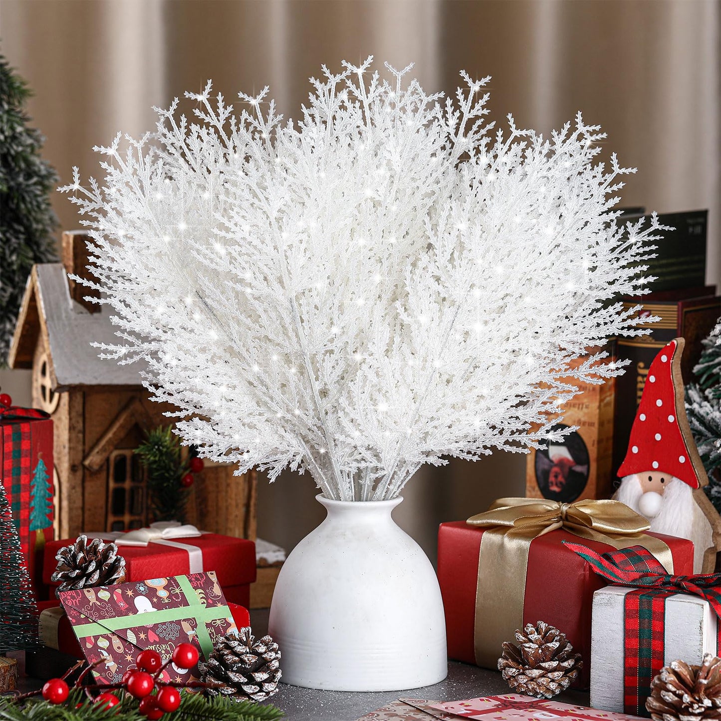 Giegxin 48 PC Christmas Glitter Artificial Pine Needles Pine Tree Twig Picks Branches for Wedding Tree Glittery Stem for Christmas DIY Wreath Garden Embellishing Garland Decoration(White)