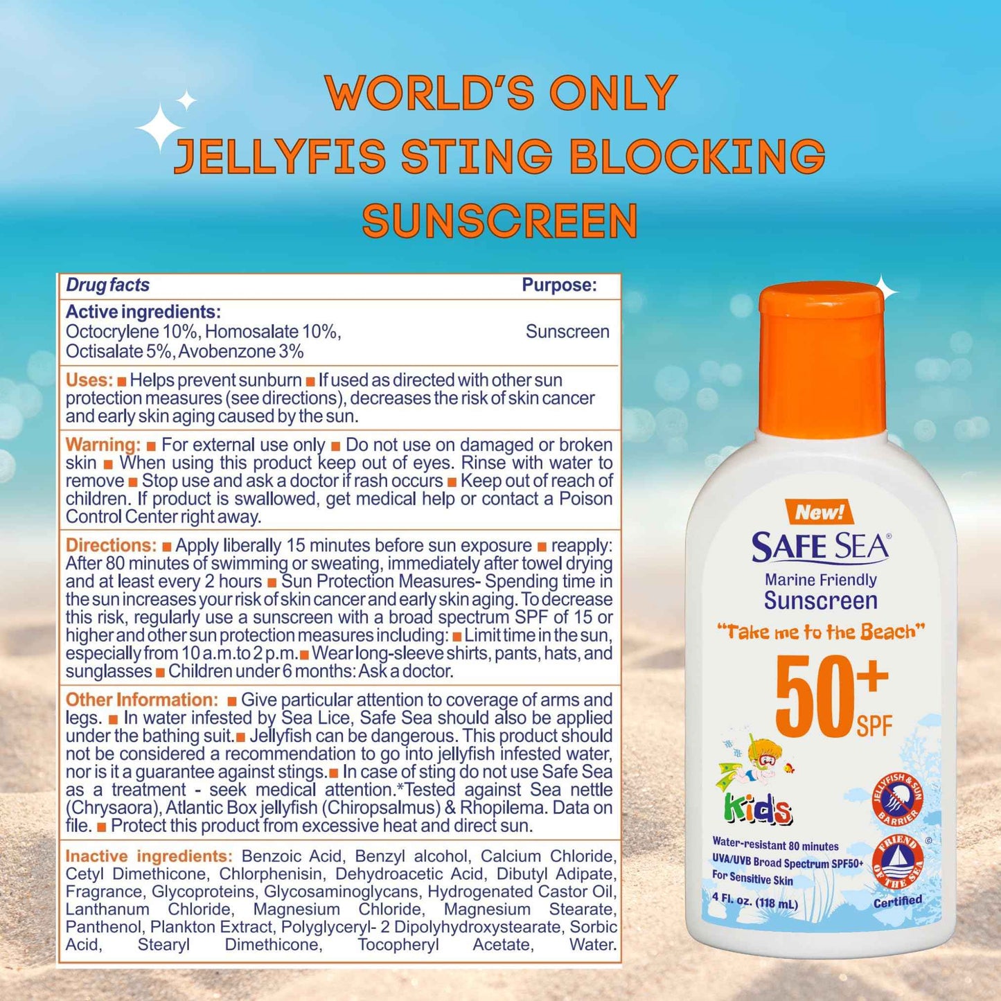 Safe Sea SPF50+ Kids sunscreen - Jellyfish and Sea lice protective lotion. Very Water Resistant, Sensitive skin Reef-Safe Sunscreen. Oxybenzone and Octinoxate free, Paraben free, 4 fl. Oz. Pack of 2