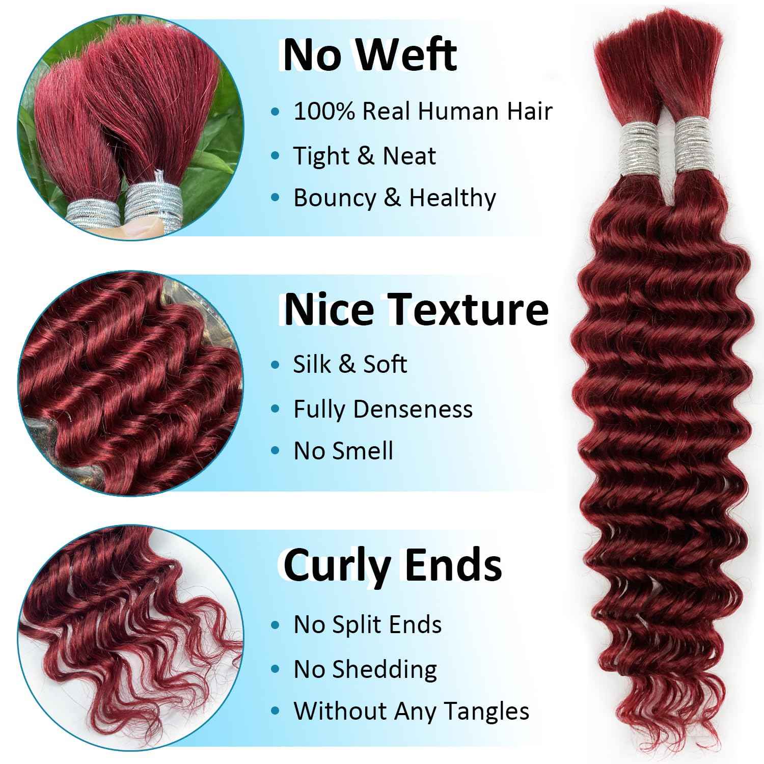 99J Human Braiding Hair For Boho Braids 16 Inch 100g Burgundy Deep Wave Human Hair Bulk For Braiding Wet And Wavy Human Hair For Bohemian Braids Water Wave 2 Bundles