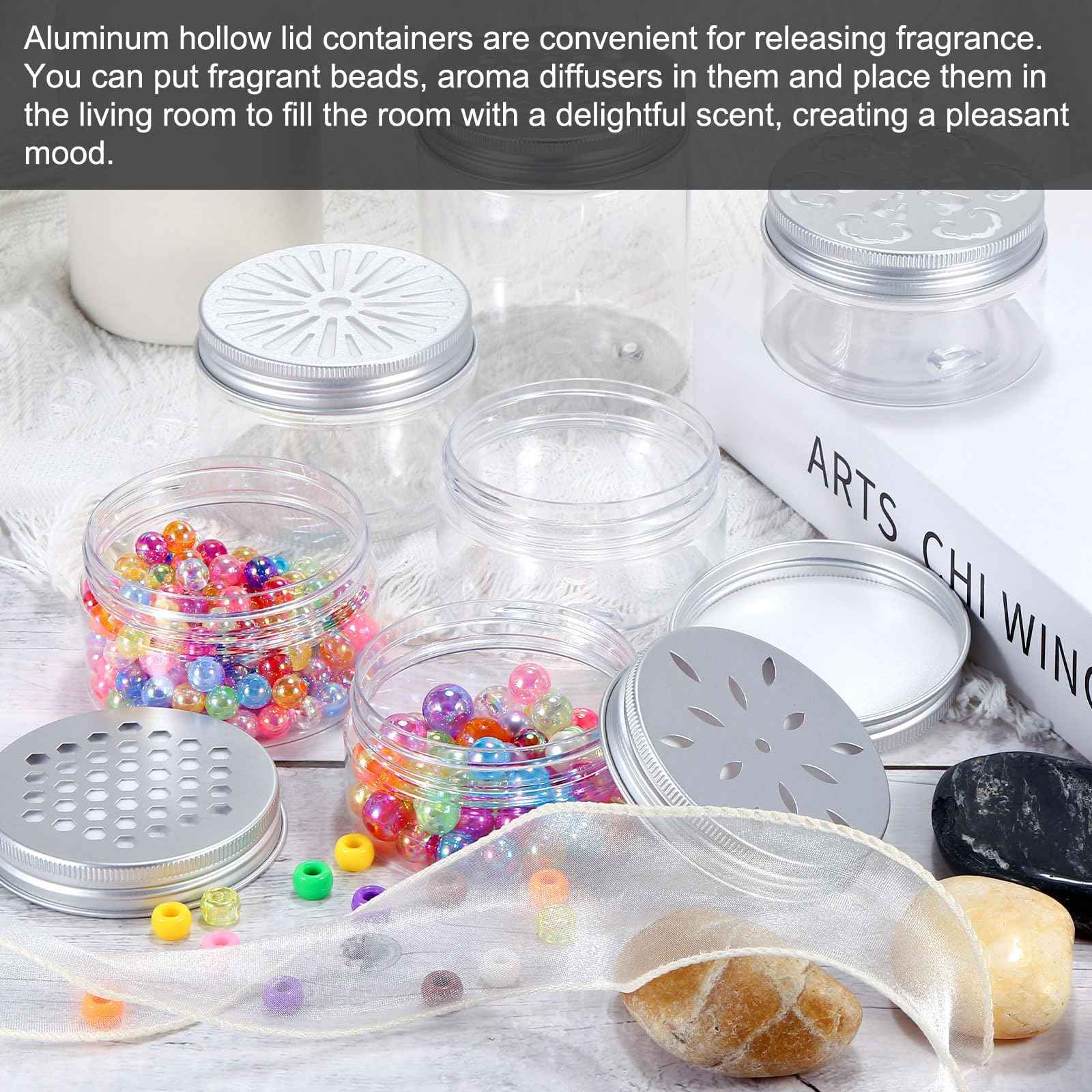 HARFINGTON 12 Pcs Empty Scent Beads Storage Container 5oz/150ml Air Freshener Tins Round Refillable Spice Containers Plastic Jars Sample for Travel Storage