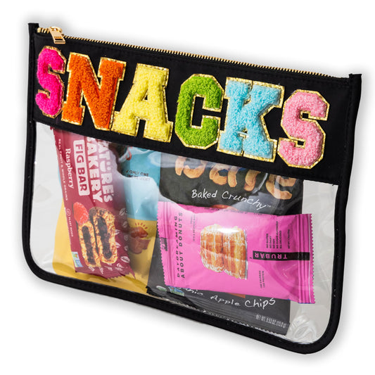 Fablinks Clear Snacks Bag, Chenille Varsity Letter Snack Pouch, Travel Zipper Bags for Mom, Aesthetic Storage Organizer Pouches for Women with Glitter Patch Letters (SNACKS-Black)