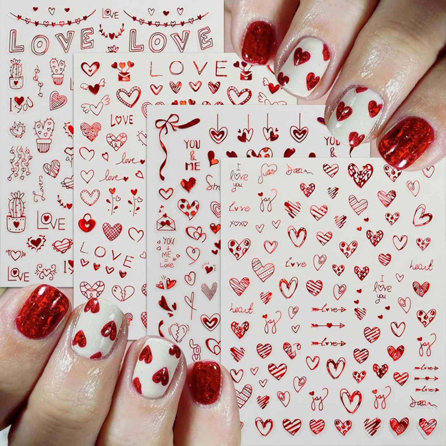 8Pcs Valentines Nail Art Stickers Decals Red Heart Nail Sticker Valentines Nail Decals 3D Self-Adhesive Laser Red Love Heart Nail Design Nail Supplies Nail Decoration for Women Girls DIY Manicure