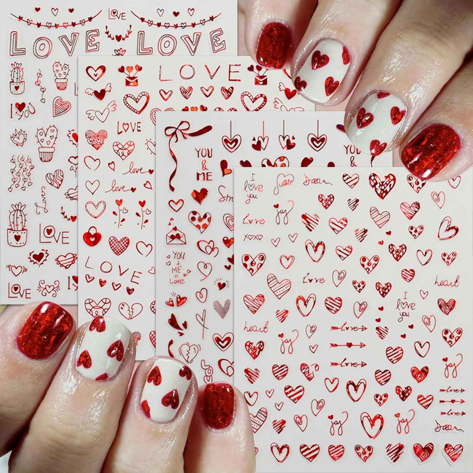 8Pcs Valentines Nail Art Stickers Decals Red Heart Nail Sticker Valentines Nail Decals 3D Self-Adhesive Laser Red Love Heart Nail Design Nail Supplies Nail Decoration for Women Girls DIY Manicure