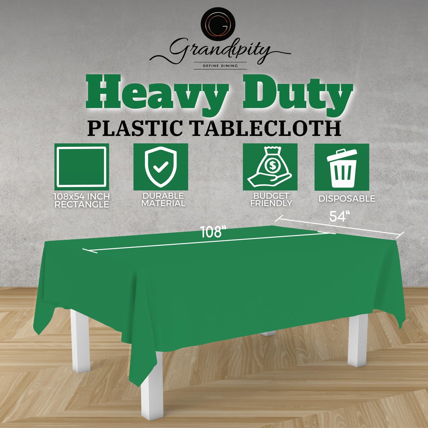 Grandipity Green 12 Pack Premium Disposable Plastic Tablecloth 54 Inch. x 108 Inch. Decorative Rectangle Table Cover