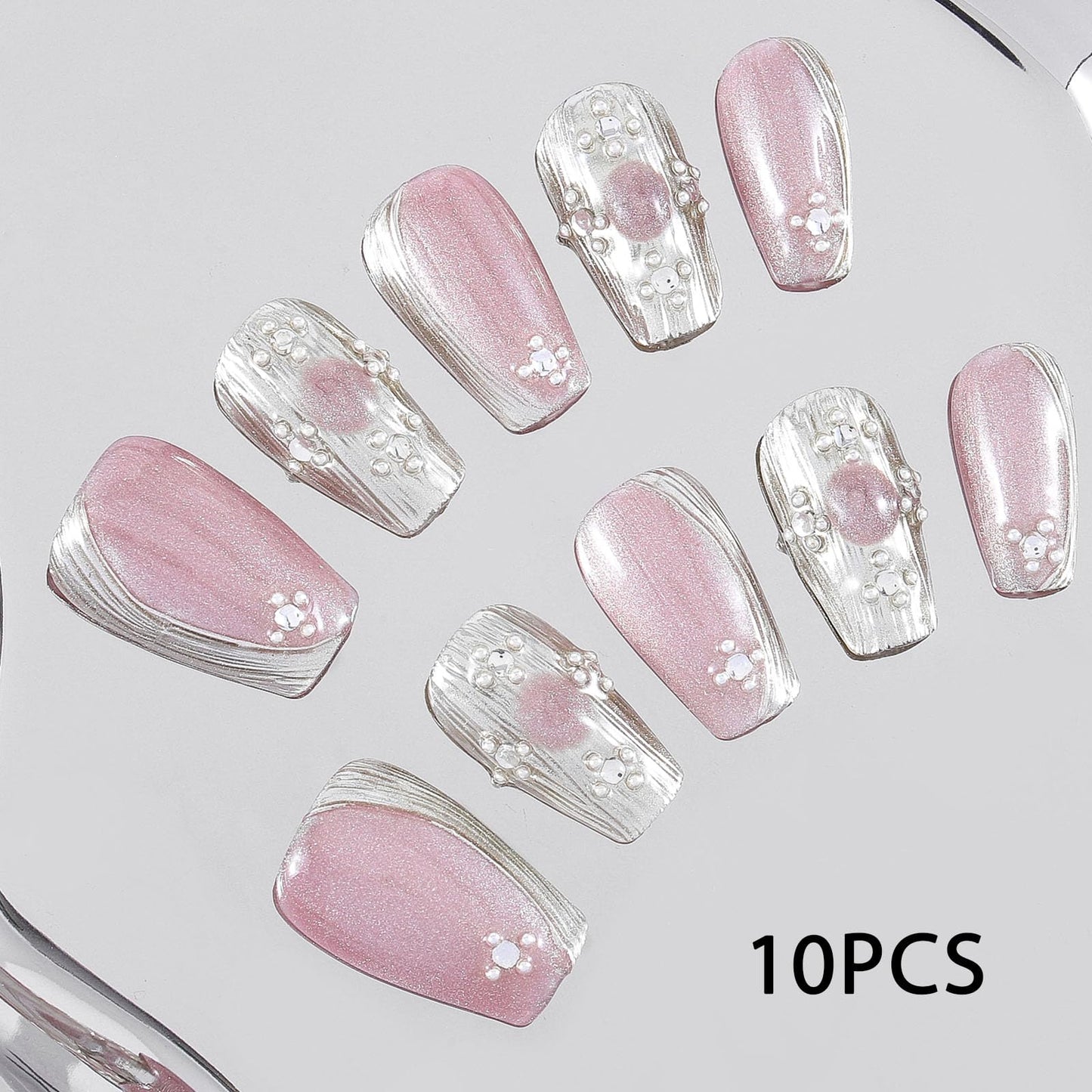 Sethexy Pink Handmade Medium Coffin Press On Nails Acrylic False Nails with Design Glossy Salon Fake Nails for Women and Girls 10PCS (Pink4)