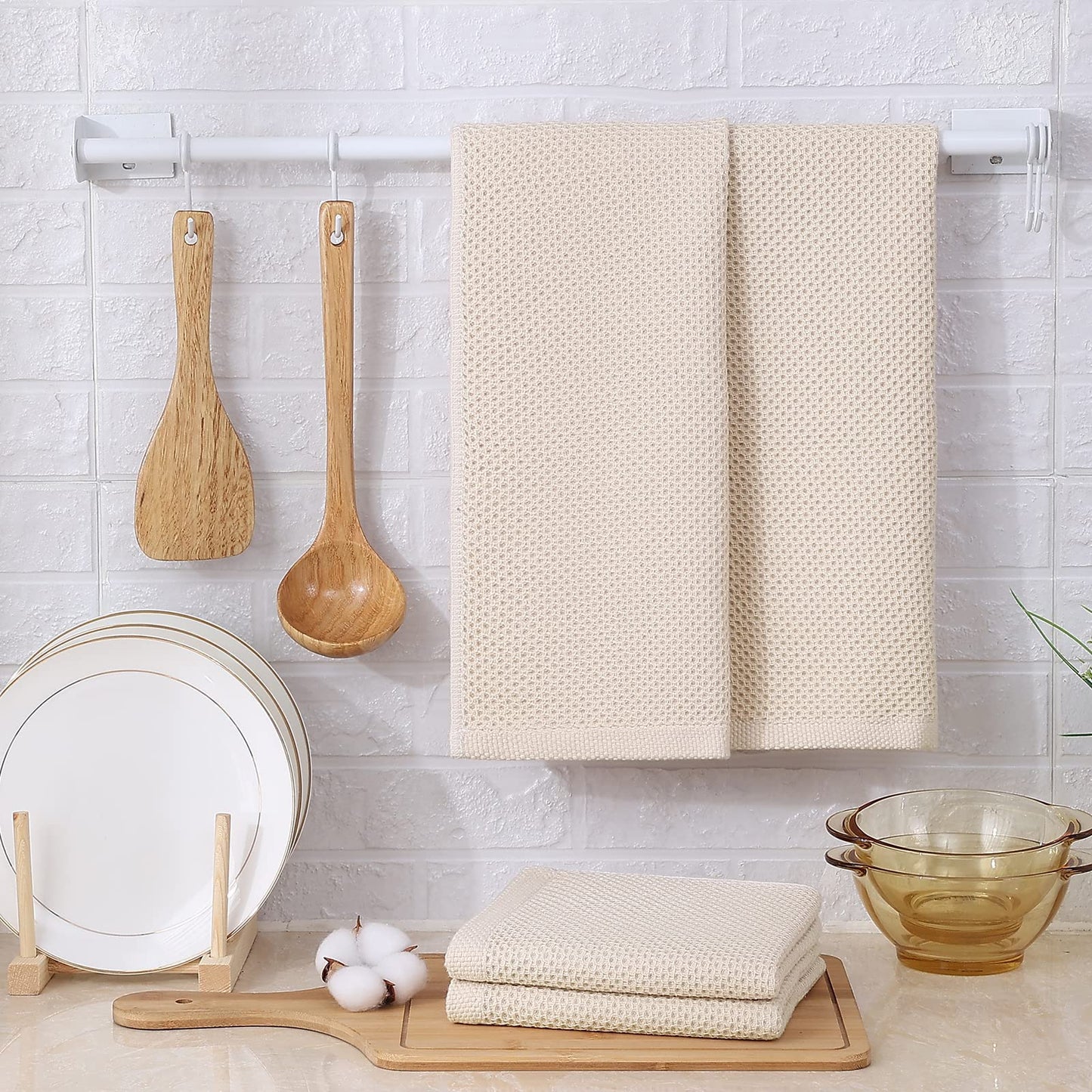 Kitinjoy 100% Cotton Waffle Weave Kitchen Towels, 8-Pack Super Soft and Absorbent Kitchen Dish Towels for Drying Dishes, Kitchen Hand Towels, 13 in x 28 in, Beige