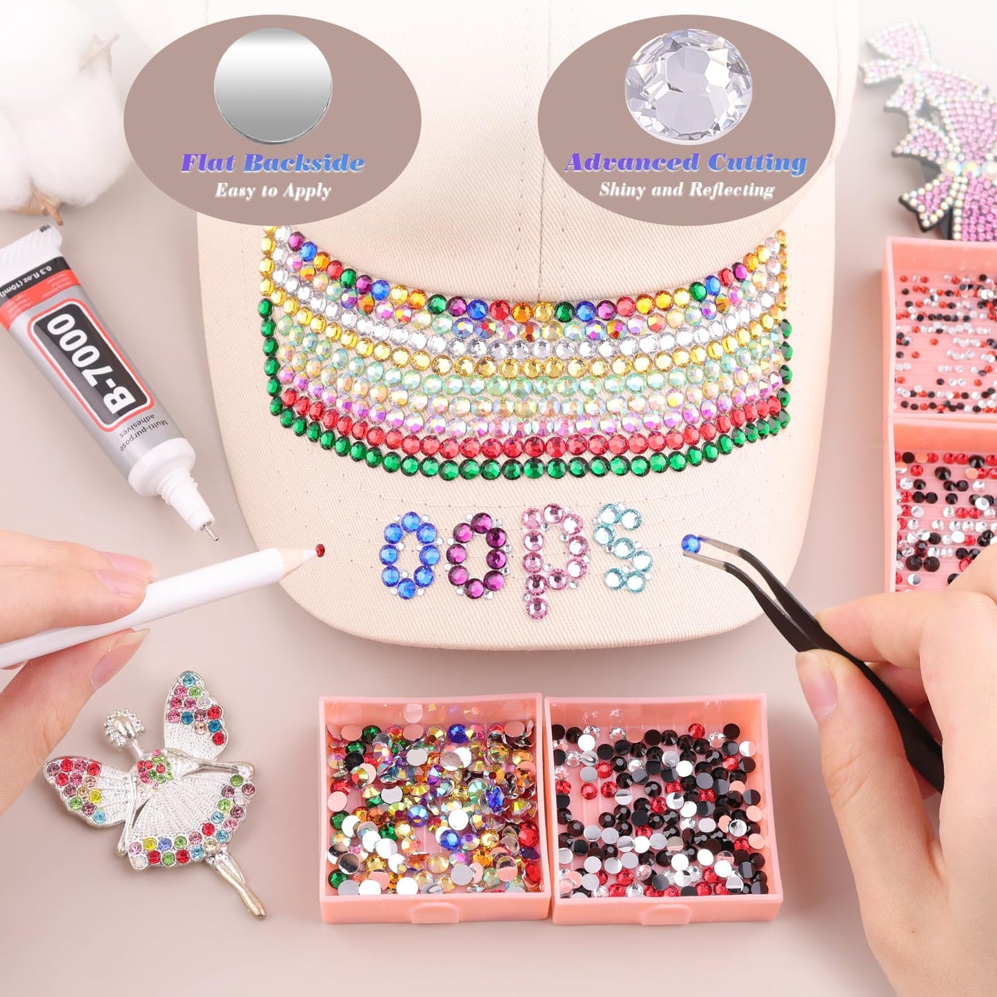 3500 PCS Flatback Rhinestones for Crafting and 2PCS B7000 Glue (Pack 9), 1 Box of 3/4/5mm Colorful Resin Rhinestones Gems Charms for Bedazzling DIY Crafts Fabric Clothing Tumblers Shoes Nail Art