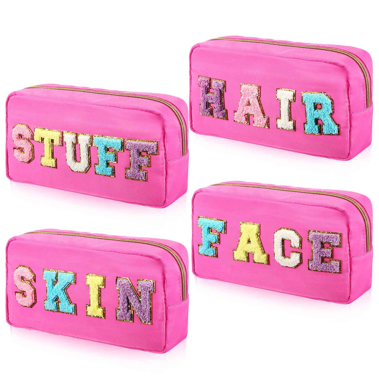 Hillban 4 Pack Chenille Letter Bag Makeup Bag Preppy Skincare Bag Nylon Cosmetic Pouch Zipper Waterproof Organizer Makeup Travel Bag Set for Teen Girls Women Travel Toiletry