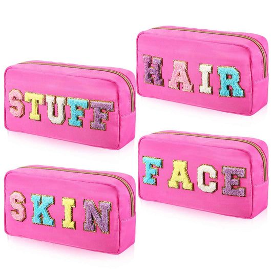 Hillban 4 Pack Chenille Letter Bag Makeup Bag Preppy Skincare Bag Nylon Cosmetic Pouch Zipper Waterproof Organizer Makeup Travel Bag Set for Teen Girls Women Travel Toiletry