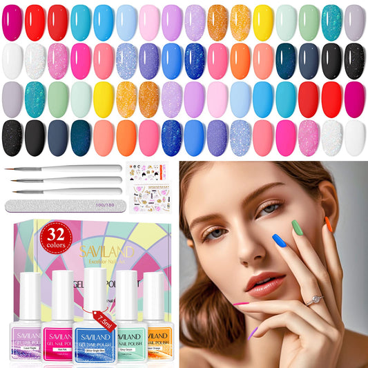 SAVILAND Gel Nail Polish Kit 42PCS -32 Colors Fall Neon Pink Jelly Gel Polish Set with Foundation Glossy & Matte Gel and PH Bond Nail Brush Soak-off U V Nail Gel Manicure Kit for Salon Women