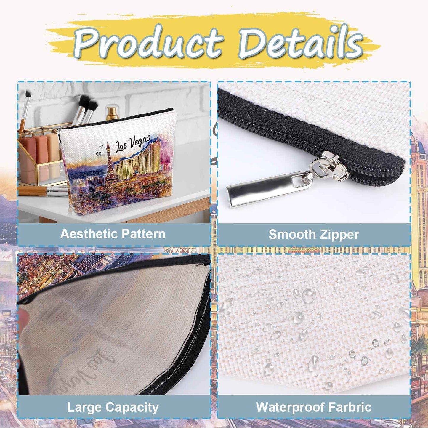Luvsweets Las Vegas Souvenir Gift - Watercolor City Travel Makeup Bag, Las Vegas Travel Lovers Cosmetic Bags, Las Vegas Vacation Trip Gifts for Women Girls Sister Birthday Christmas Gift