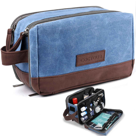 CaCTOUR Toiletry Bag for Men,Large Toiletry Travel Bag,Leather and Canvas Toiletries Bag Dopp Kit Men,Water-resistant Hygiene Bag Shaving Bag for Travel Toiletries Accessories (Blue)