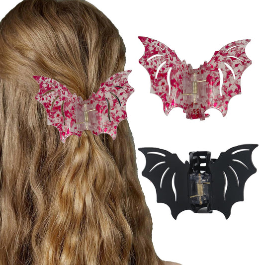 Dailyyart 2Pcs Bat Hair Claw Clip, Gothic Hollow Out Non-Slip Hair Claw Halloween Hair Accessories for Women Girls (Black+Red 2)