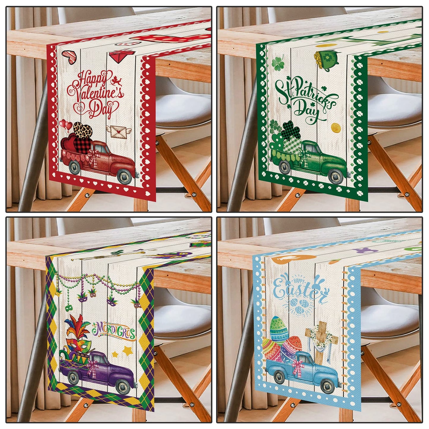 YOVOYOA 8 Pcs Truck Holiday Table Runner 72 Inches Long, Plaid Valentines Day St Patricks Day Mardi Gras Easter 4th of July Halloween Thanksgiving Day Christmas Burlap Table Decor for Home Party