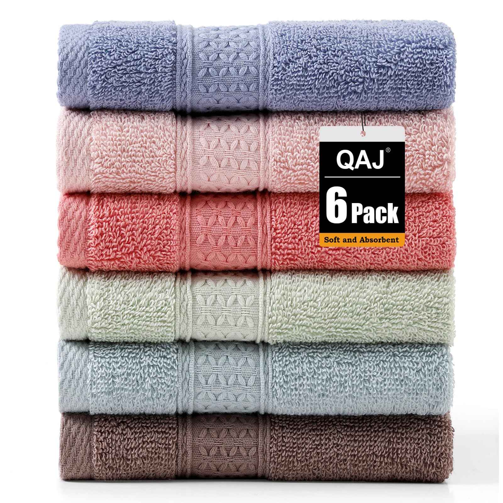 6 Pack 100% Cotton Washcloths Set, Highly Absorbent and Soft Feel Fingertip Towels, 13 x 13 in Quick Dry Face Cloths