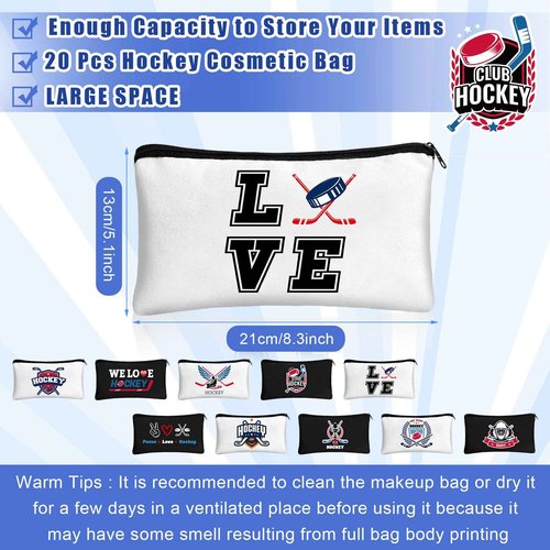 Clysee 20 Pcs Hockey Gifts Inspirational Makeup Bag for Women Hockey Lovers Players Ice Gifts Bags Cosmetic Travel Pouch for Women Mom Athletics Birthday