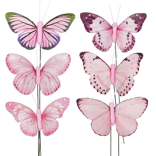 Berfutall-Artificial Feather 3D Butterfly Party Decorations Set of 12 with Wire 6 Pink Color Ornaments for Christmas Tree