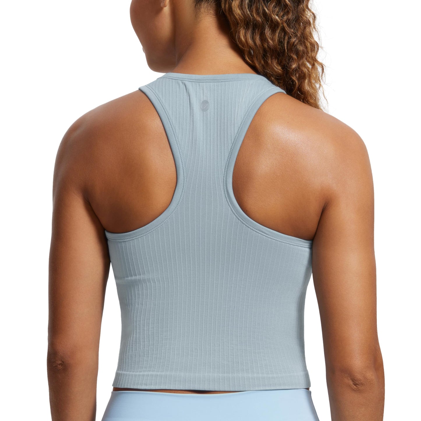 CRZ YOGA Womens Seamless Ribbed Longline High Neck Sports Bra - Racerback Padded Slim Fit Crop Tank Top with Built in Bra Cambric Blue XX-Small