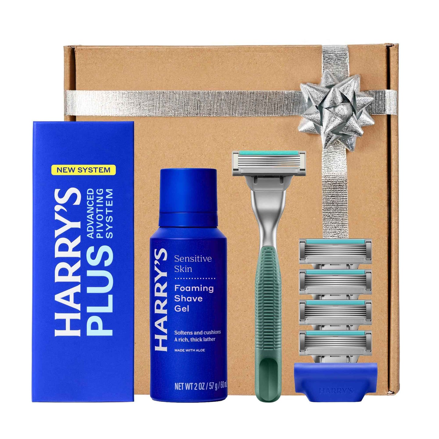 HARRY'S PLUS: Shaving Kit for Men – Gift Box with Premium Handle, 5 Razor Blade Cartridges, 2 oz Foaming Shave Gel & Travel Cover, Advanced Pivoting System – Moss