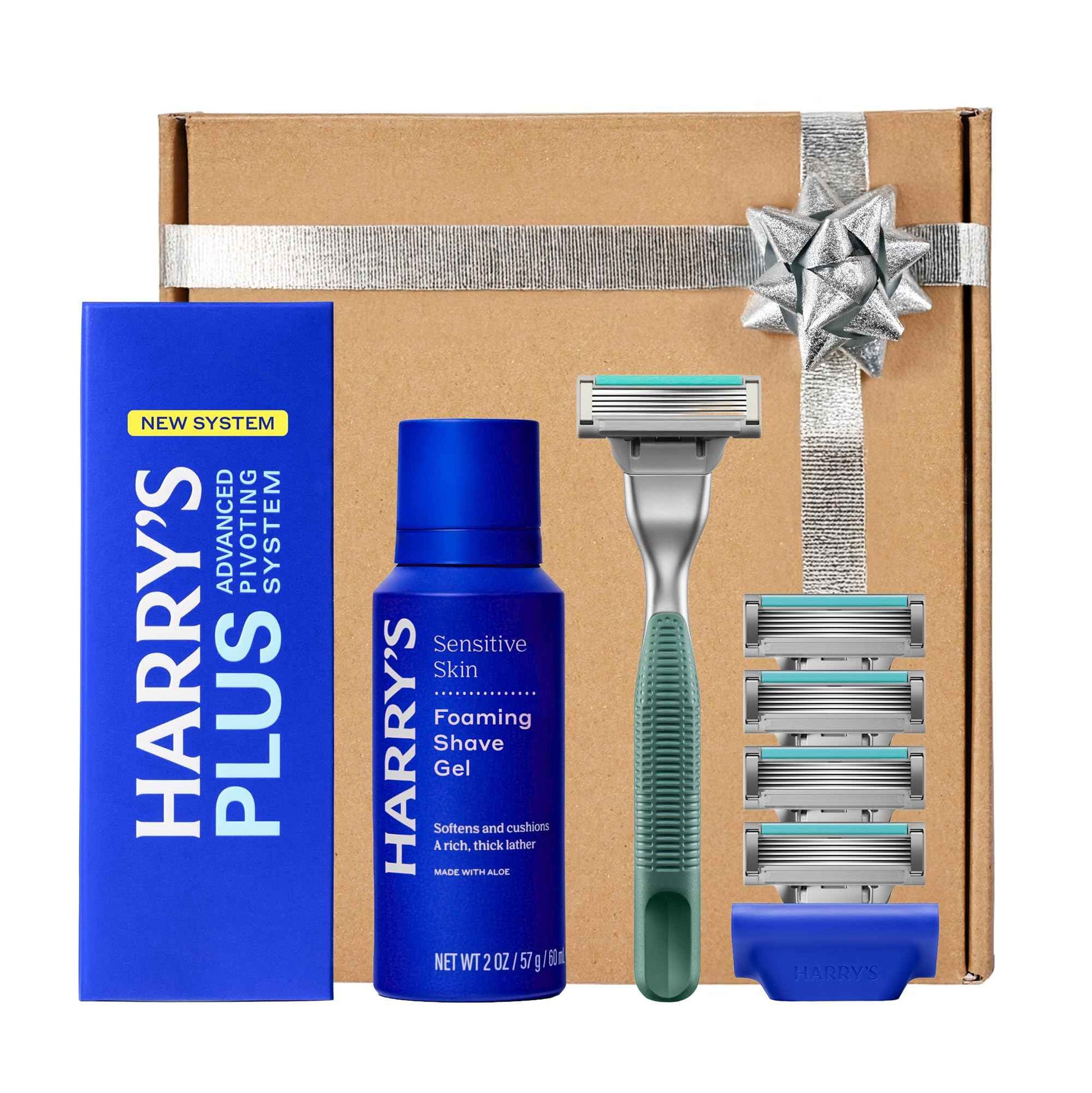 HARRY'S PLUS: Shaving Kit for Men – Gift Box with Premium Handle, 5 Razor Blade Cartridges, 2 oz Foaming Shave Gel & Travel Cover, Advanced Pivoting System – Moss