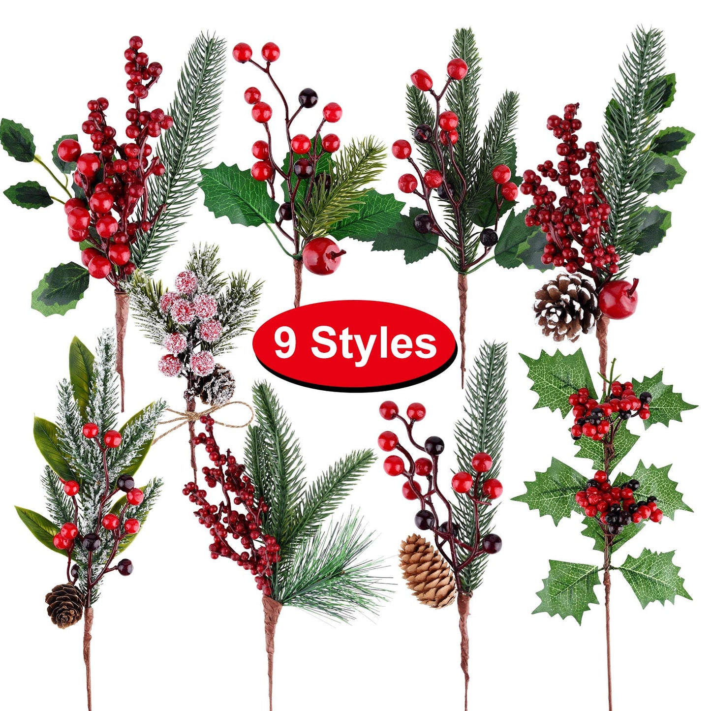 MIAHART 18 Pcs Christmas Picks Artificial Pine Branches Red Berry Stems Pine Picks Spray with Pine Cone Apples Holly Leaves for Craft Floral Wreath Picks Christmas Tree Picks Winter Decorations