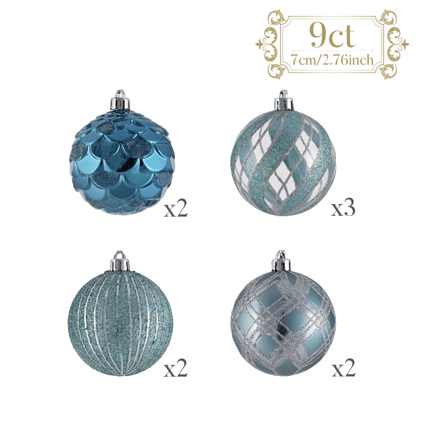 Valery Madelyn Christmas Ball Ornaments, 9ct Light Blue and Silver Shatterproof Christmas Tree Decorations Set, 2.76 Inches Coastal Ocean Hanging Ornaments for Xmas Trees Bulk Holiday Decor