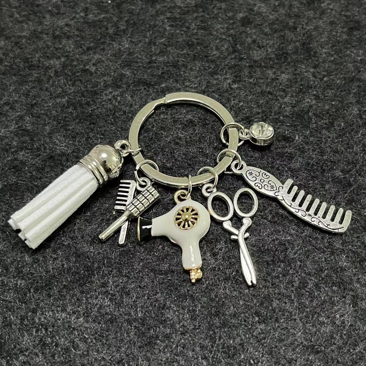 tenghong2021 Cute Hairdresser Comb Scissors Hair Dryer Keychain Tassel Black Diamond Charm Gift Hair Stylist Jewelry -White