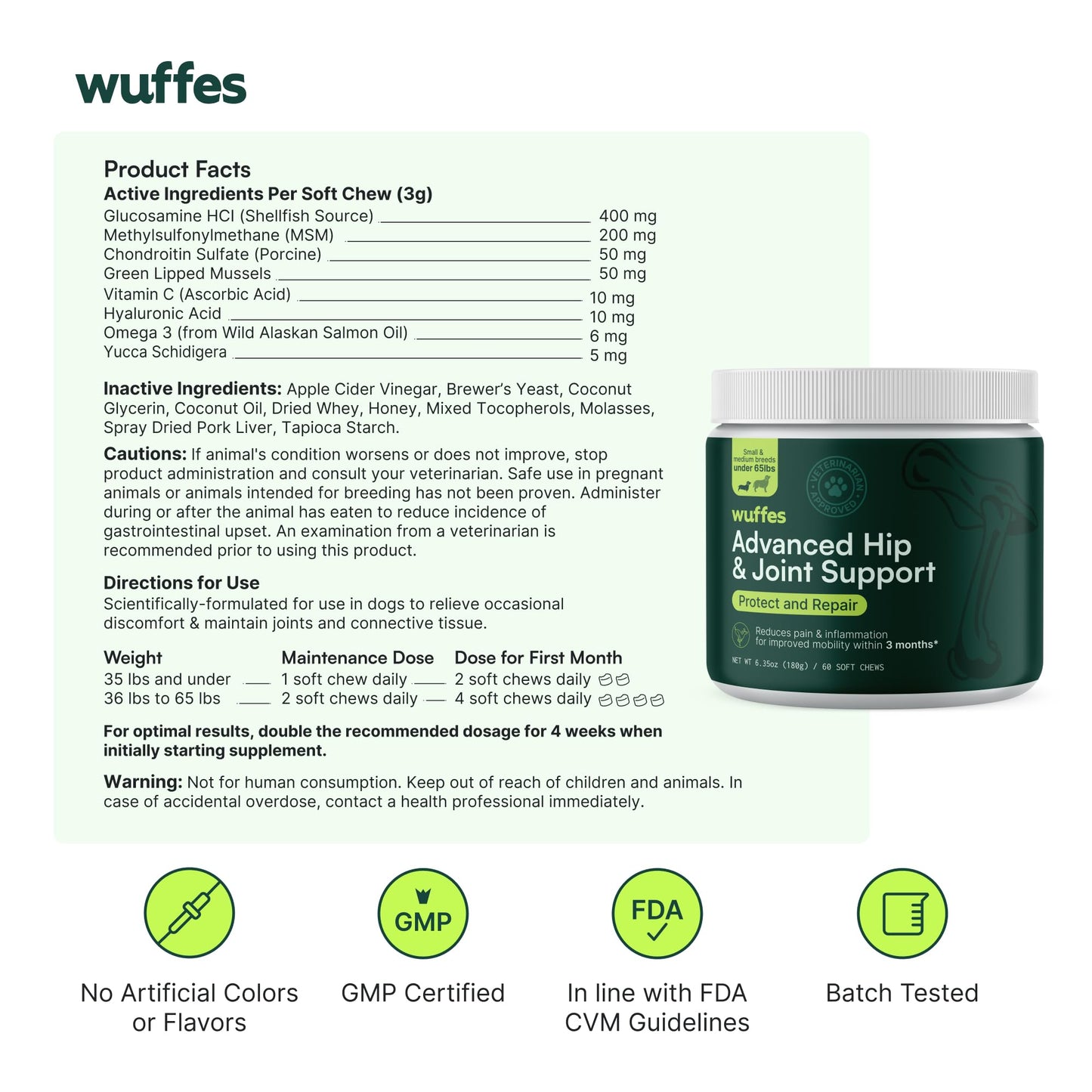 Wuffes Chewable Dog Hip and Joint Supplement for Small & Medium Breeds - Glucosamine & Chondroitin Chews - Dog Joint Supplements & Vitamins - Extended Joint Care - 60 Ct