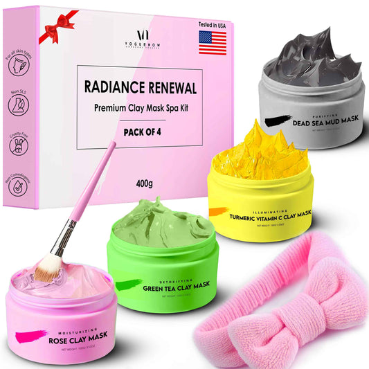 Clay Mask Gift Pack of 4 Jars (400g), Cute Headband & Brush | Clay Face Mask | Turmeric Vitamin C, Green Tea, Rose, Dead Sea Mud | Clay Mask For Face | Christmas Gifts for Women, Gifts for Women