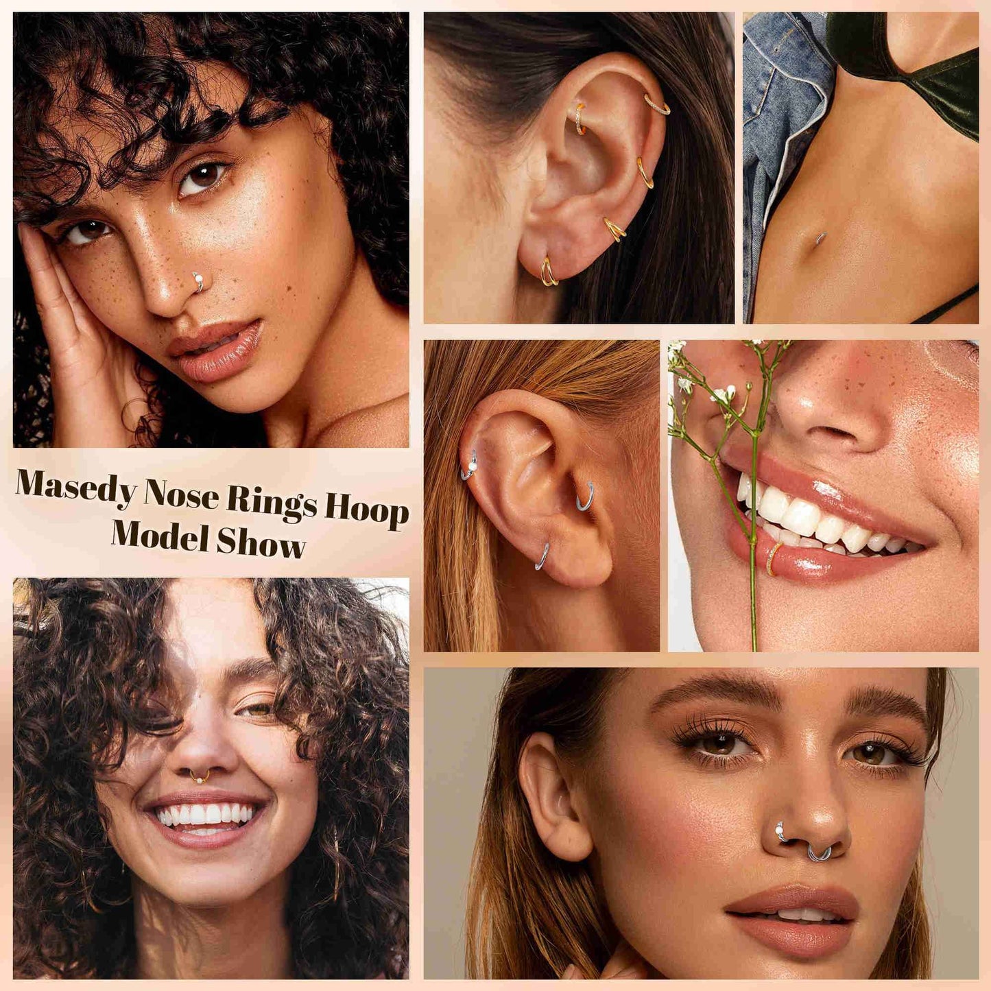 Masedy 4PCS 18G Surgical Steel Nose Ring Hoop for Women Men Hinged Double Nose Hoop CZ Opal Clicker Septum Nose Hoops Cartilage Conch Tragus Rook Ring Lip Daith Piercing Jewelry Gold Silver 7-9MM (Gold, 18G-8mm (Top Pick))