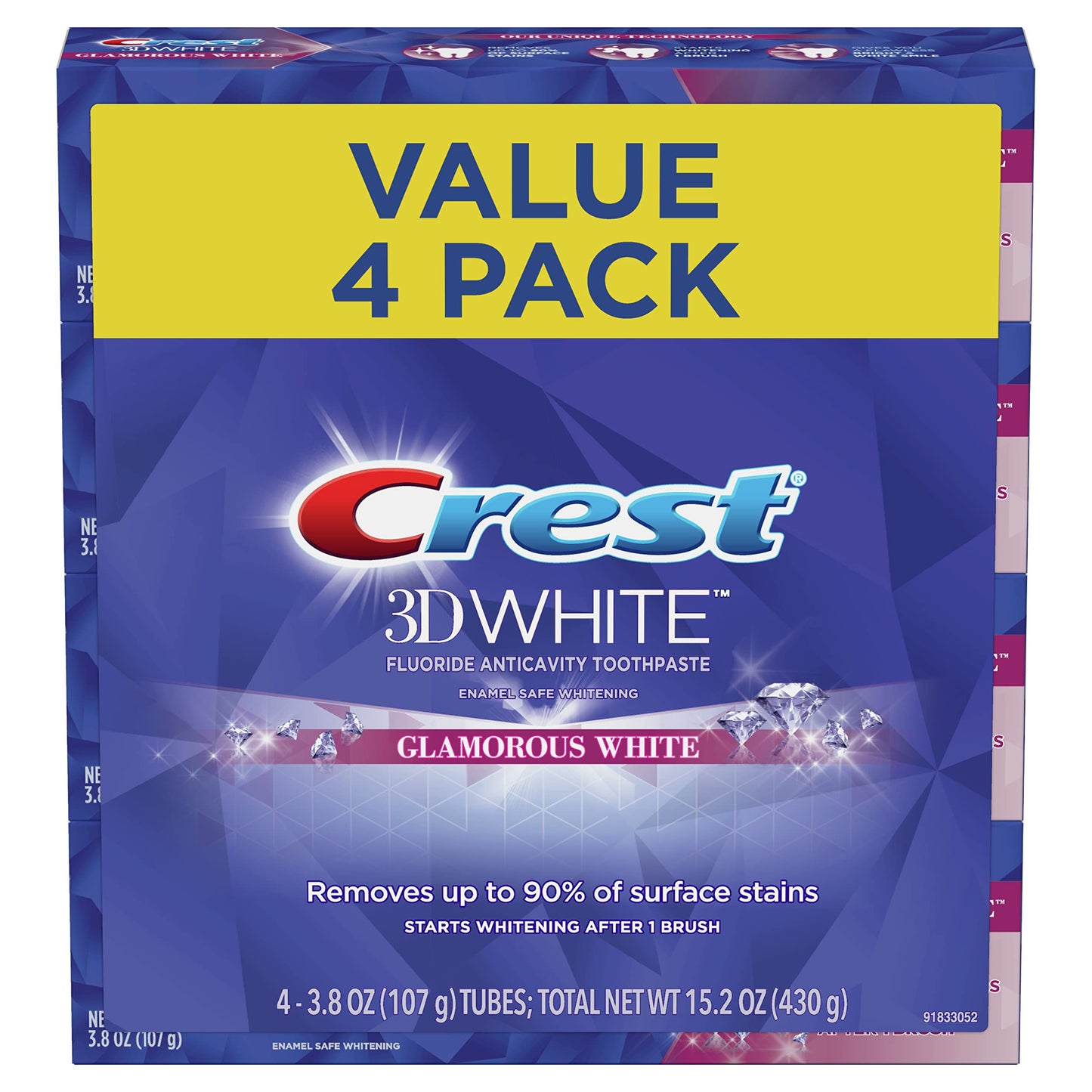 Crest Toothpaste 3D Glamorous White, Mint, (Packaging May Vary) 3.8 Oz, Pack of 4