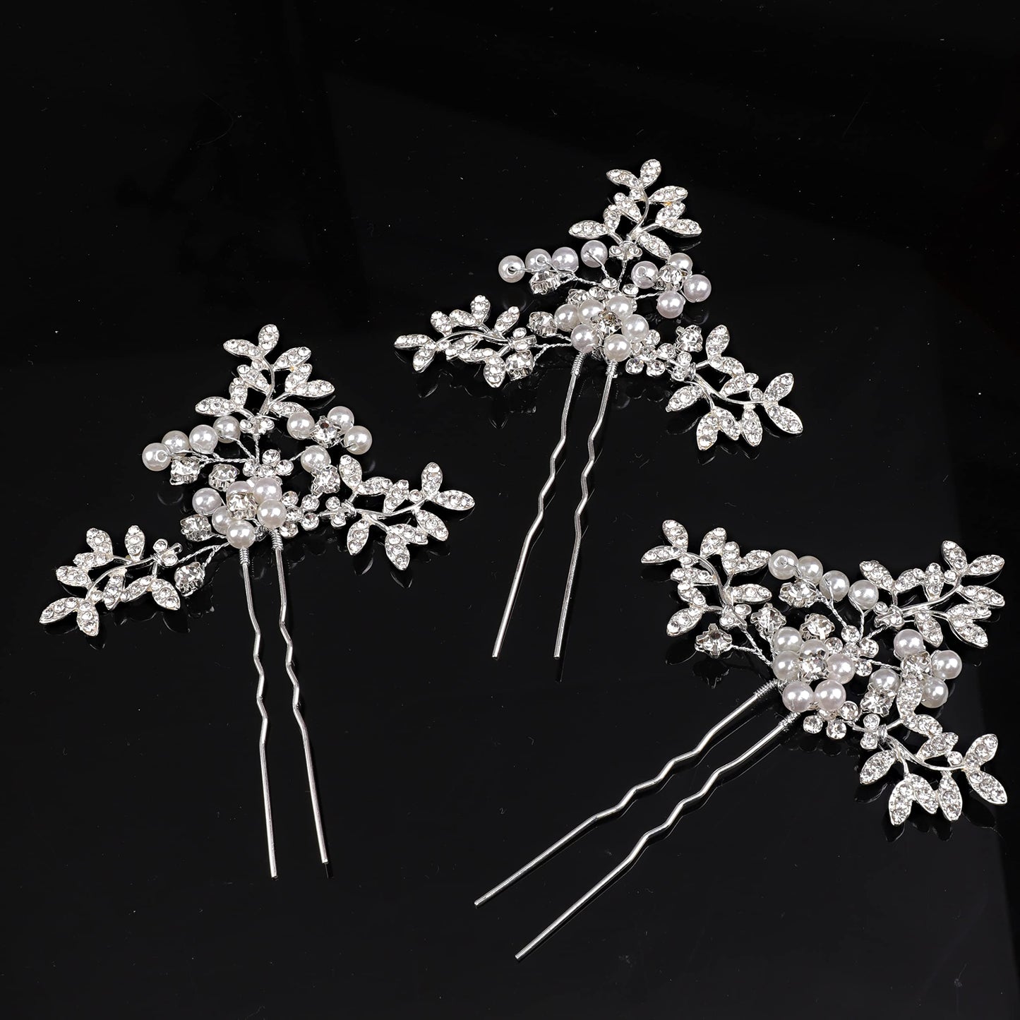 YERTTER 3pcs Wedding Silver Bridal Pearl Hair Pins Set Leaf Crystal Rhinestone Hair Clip Bun Head Pieces for Bride Bridesmaid Flower Girl Wedding Prom Birthday Party (Silver)