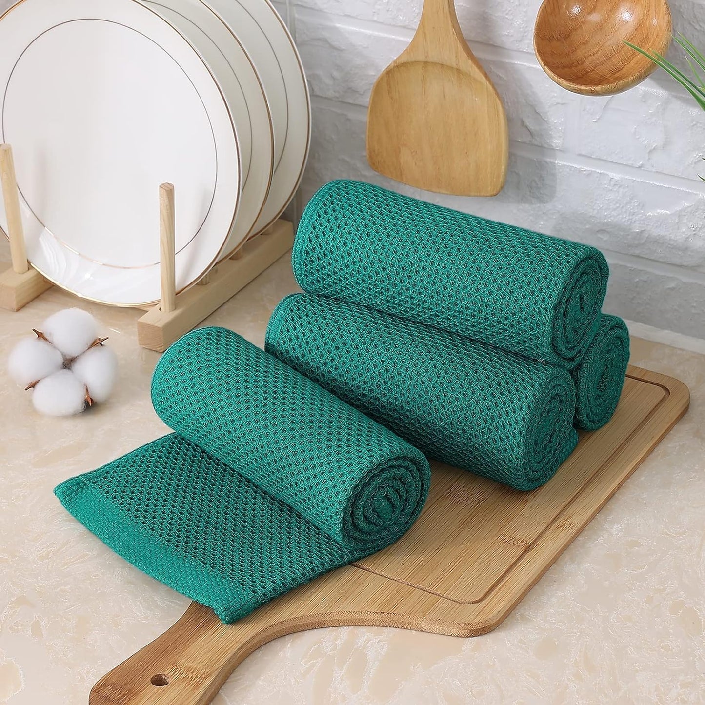 Kitinjoy 100% Cotton Kitchen Towels and Dishcloths Set, 8 Pack Waffle Weave Dish Towels Ultra Soft Absorbent Quick Drying Dish Rags, 13 x 28 Inch and 12 X 12 Inch, Teal