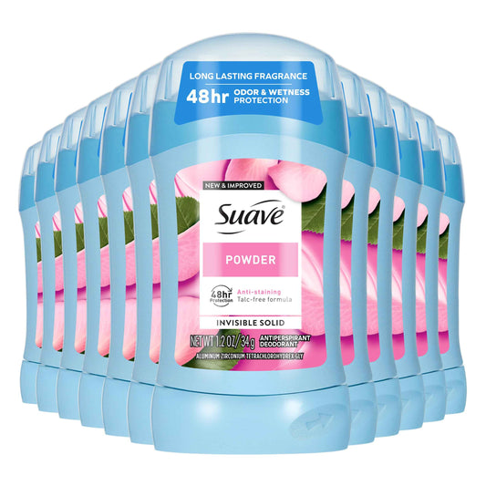 Suave Antiperspirant Deodorant For Women, Invisible, Underarm Deodorant, 48hr Odor & Wetness Protection, Long Lasting Powder, Sensitive Skin Deodorant Solid Stick, 1.2 oz (12 Bulk Pack)
