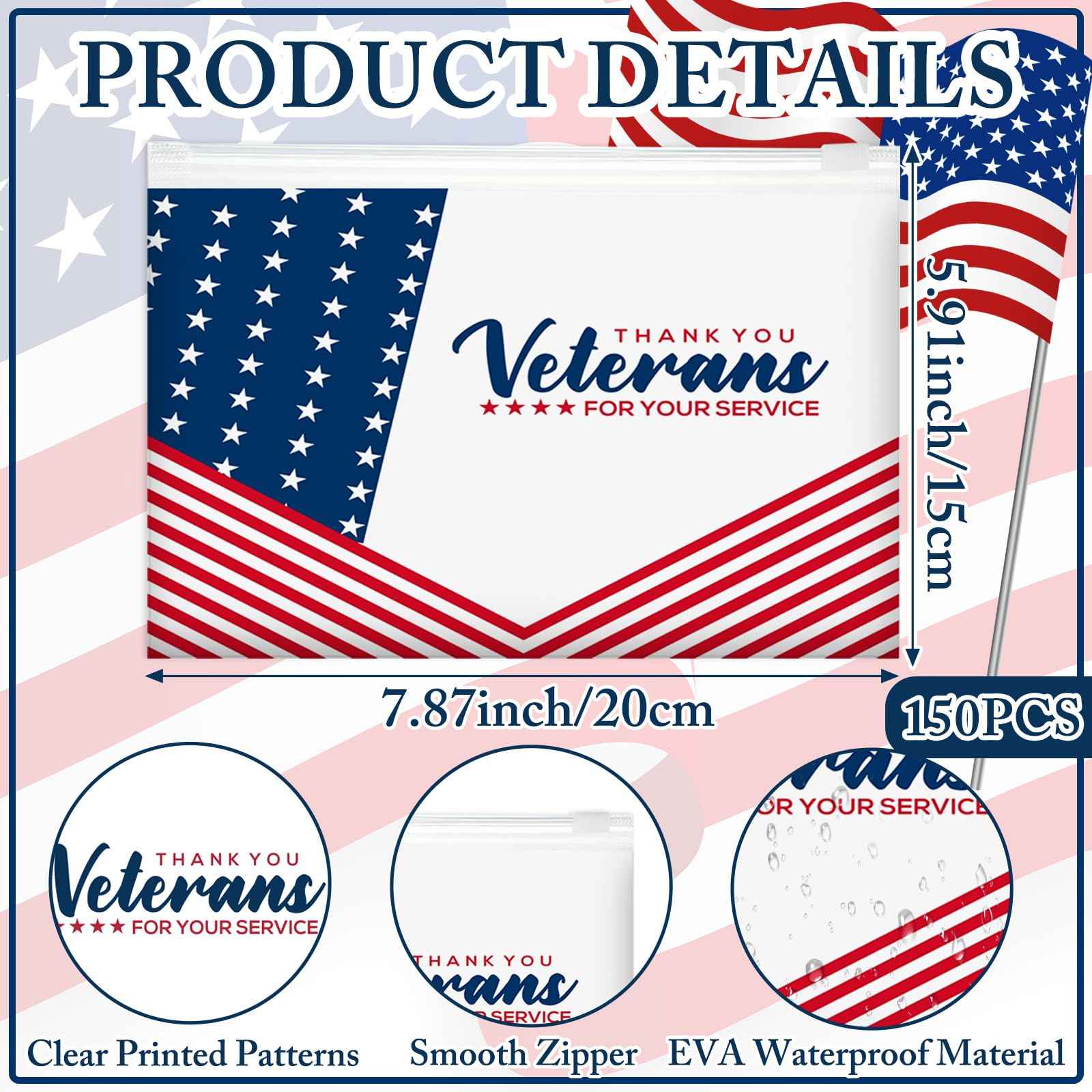 SilTriangle 150 Pcs Veterans Thank You Bag Bulk Red Blue EVA Cosmetic Bag American Flag Thank You for Your Service Gifts Patriotic USA Military Party Favors for Veterans Day Men Soldier