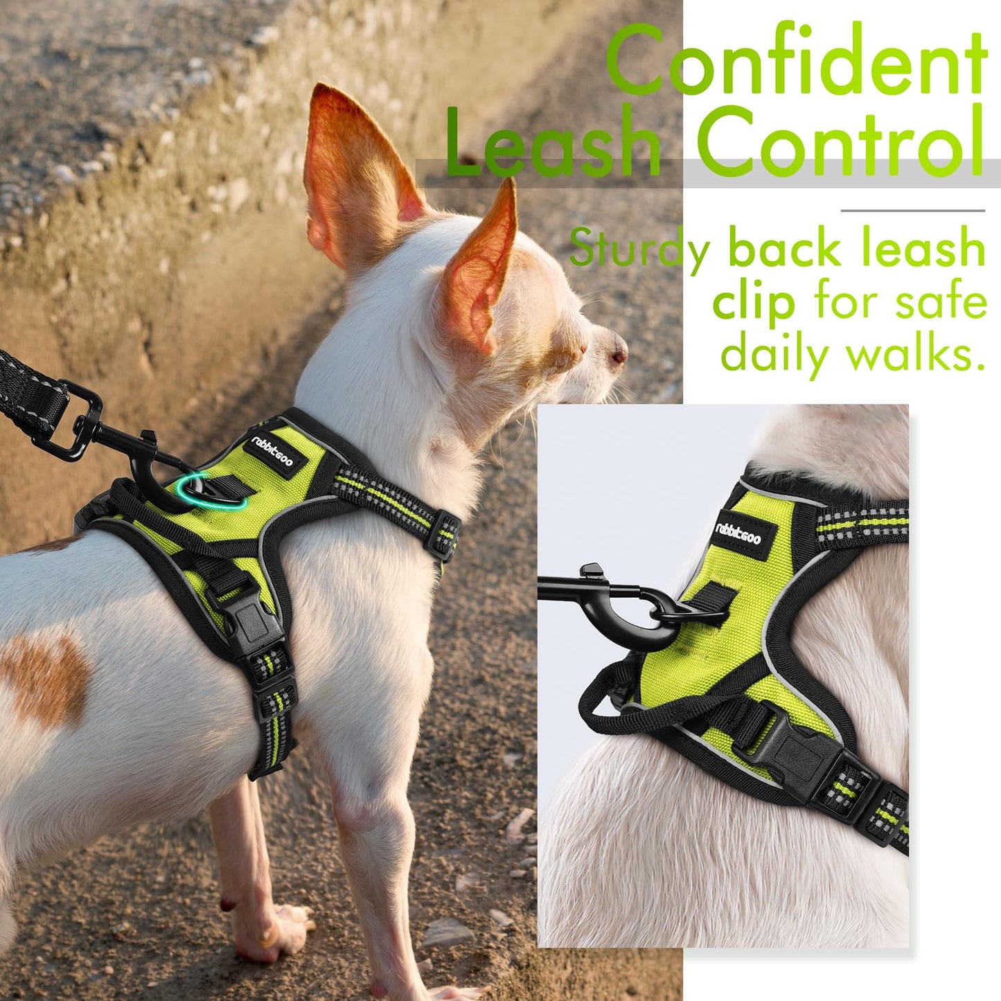 rabbitgoo Dog Harness, No-Pull Pet Harness with 2 Leash Clips, Adjustable Soft Padded Dog Vest, Reflective No-Choke Pet Oxford Vest with Easy Control Handle for Small Dogs, Wild Lime, XS