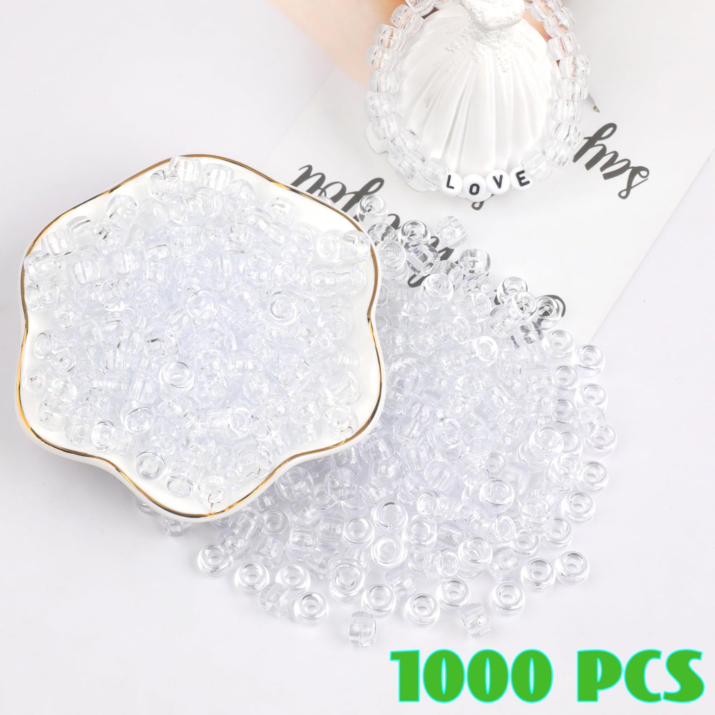 Auvoau 1000Pcs Pony Beads Bracelet 9mm Clear Plastic Barrel Pony Beads for Necklace,Hair Beads for Braids for Girls,Key Chain,Jewelry Making (Crystal)