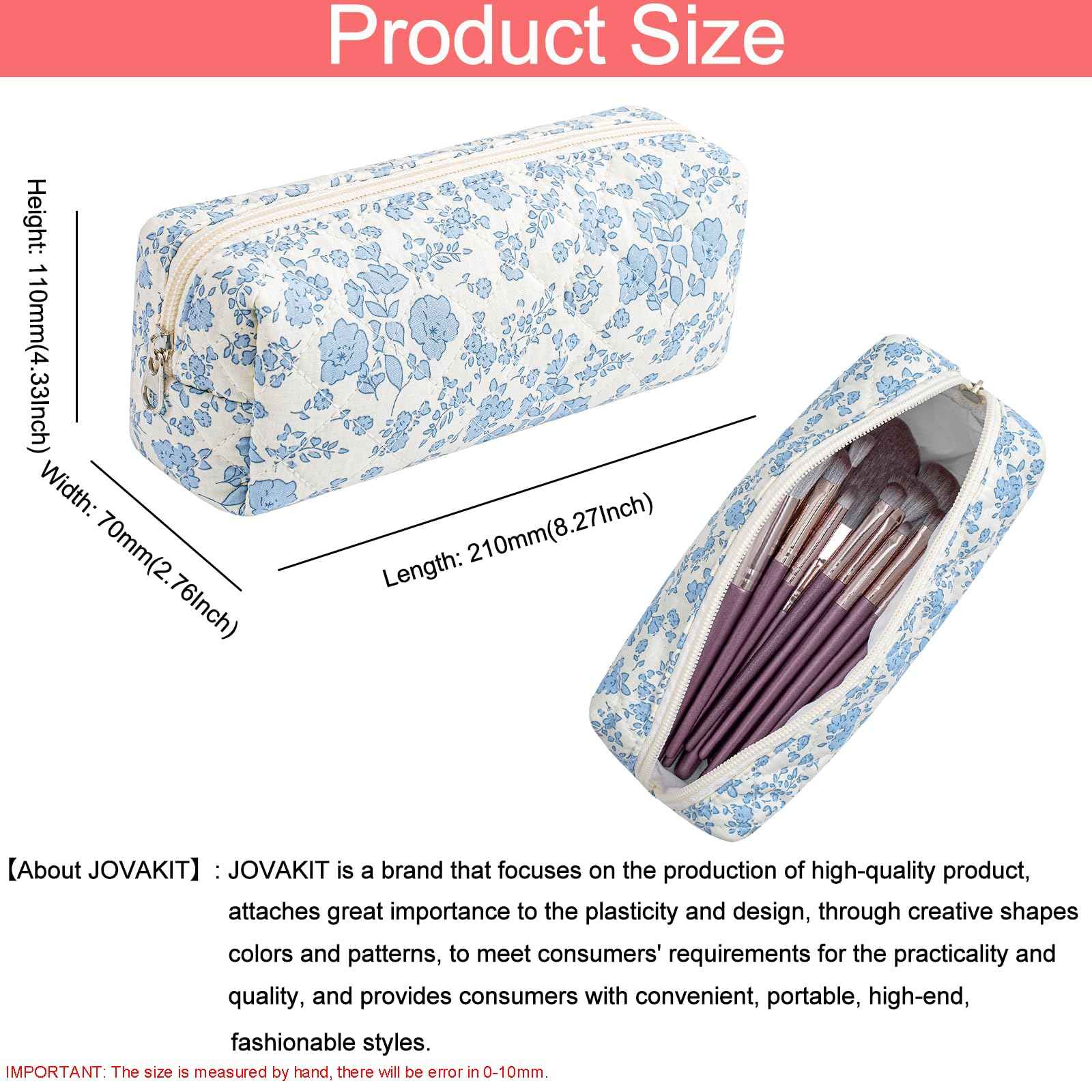 JOVAKIT Small Quilted Makeup Bag Cosmetic Bag for Women, Floral Coquette Cotton Square Travel Makeup Case Zipper Make Up Pouch, Kawaii Travel Storage Organizer Case (Blue Floral)