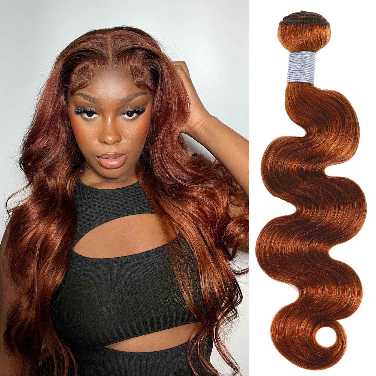 ALHER Reddish Brown Bundles Body Wave Human Hair, Copper Red Auburn Brown Colored 12A Brazilian Virgin Remy Wavy Hair Soft Thick Sew In Weave 33B Color 16 Inch