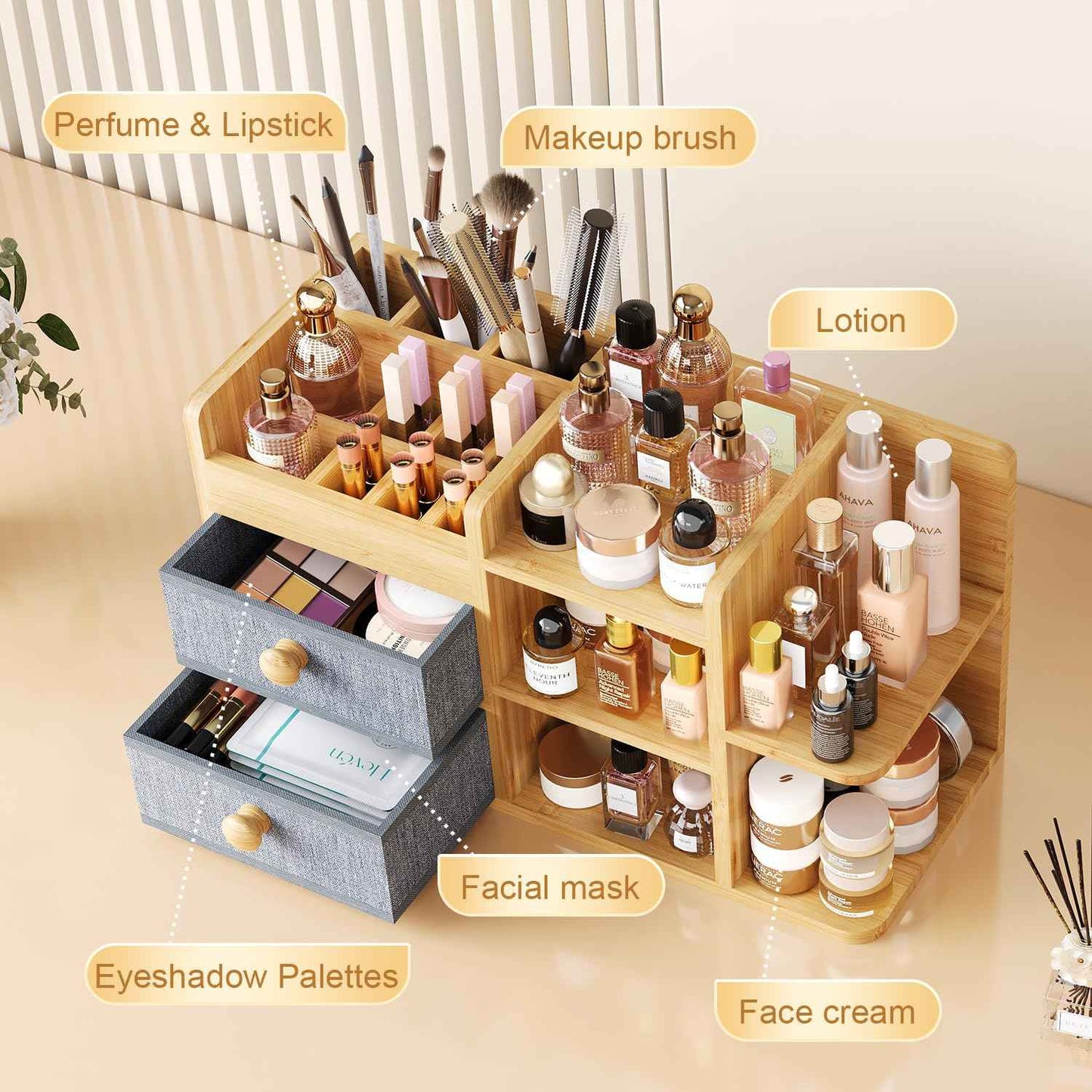 Large Makeup Organizer Countertop For Vanity Dresser, Bamboo Bathroom Counter Organizers And Storage,Cosmetic Skincare Perfume Organizer With 3 Makeup Brush Holder/2 Drawers/5 Shelves /8 Compartments