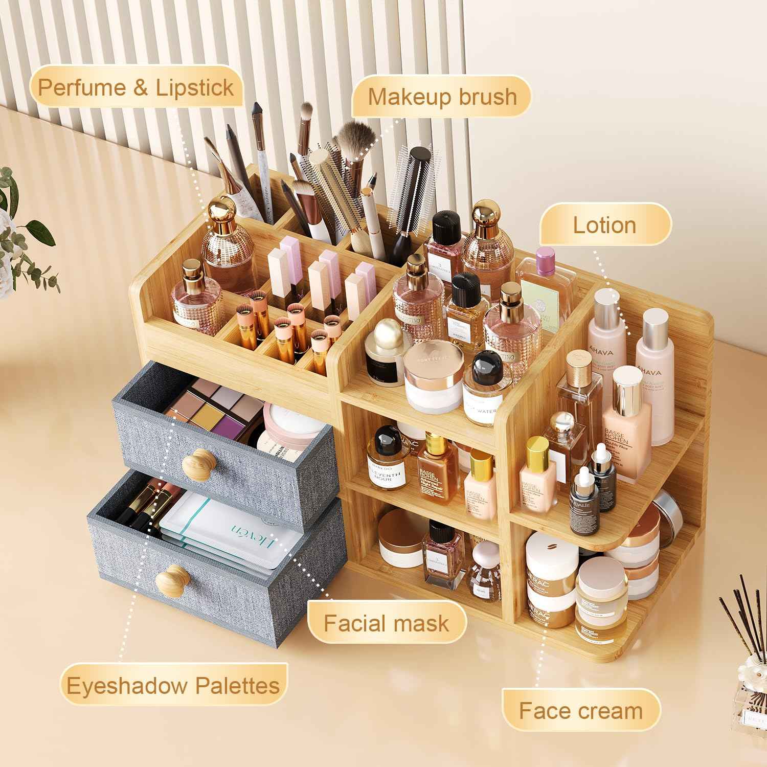 Large Makeup Organizer Countertop For Vanity Dresser, Bamboo Bathroom Counter Organizers And Storage,Cosmetic Skincare Perfume Organizer With 3 Makeup Brush Holder/2 Drawers/5 Shelves /8 Compartments