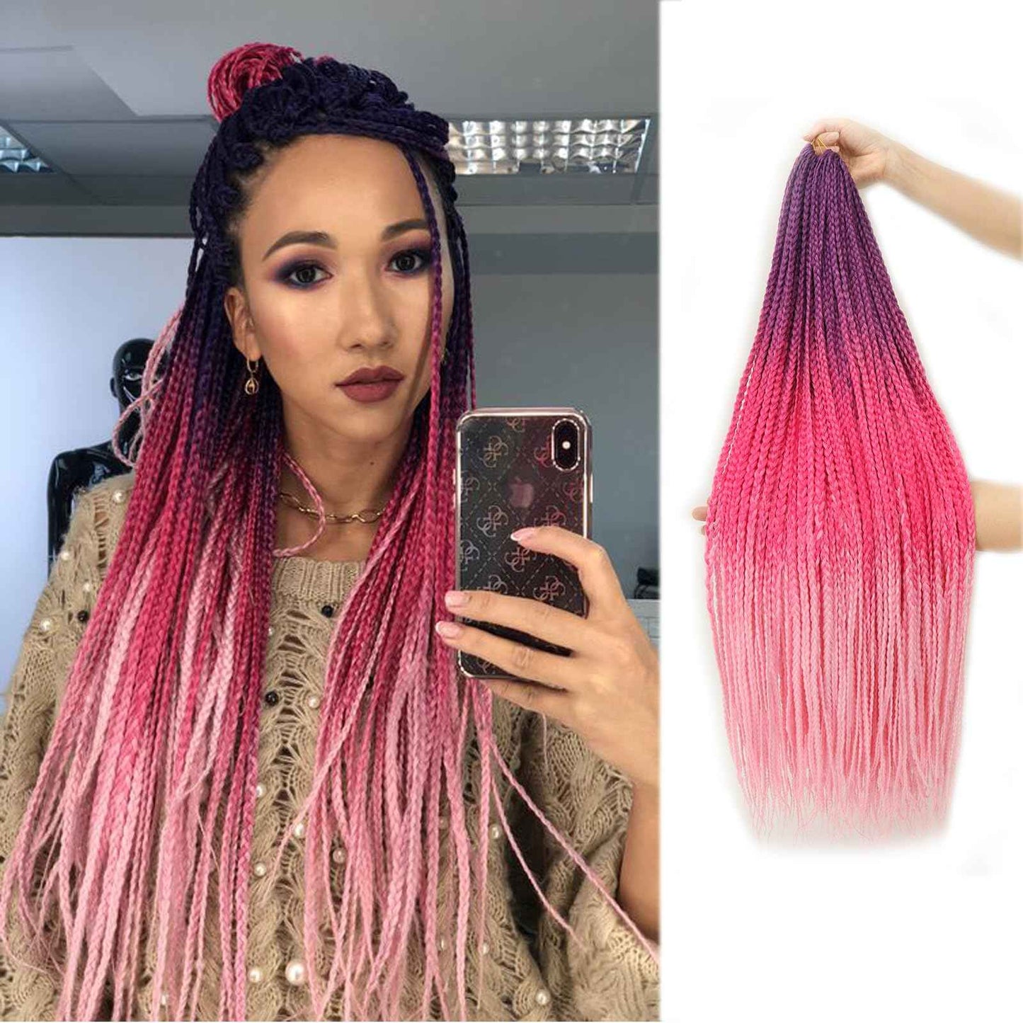 Ombre Box Braid Crochet Hair 24 Inch 6 Packs Medium Size Synthetic Pre-looped 3 Tone Crochet Braids Hair Extensions for Black Women (24Inch,Purple-Red-Pink)