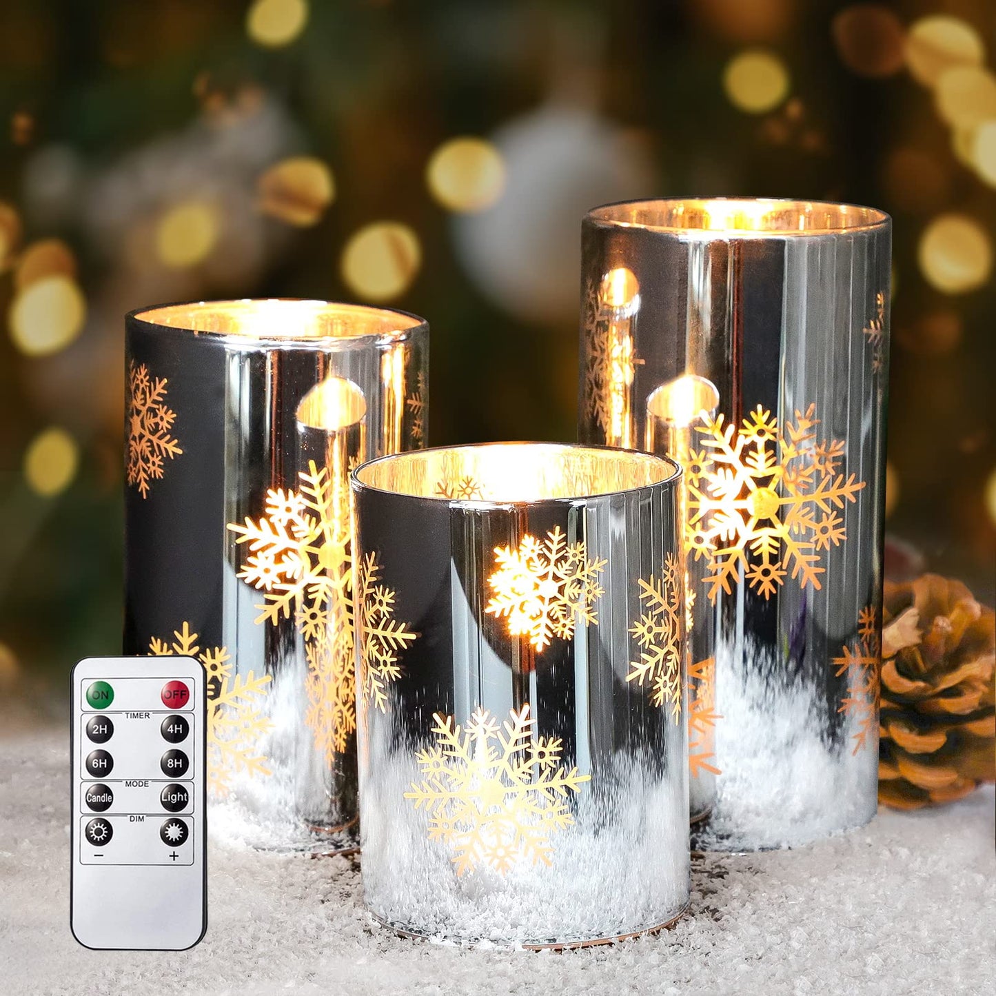 MELTONE Snowflake Holiday Flameless Candles: Real Wax Flickering Battery Operated Glass LED Candles with Remote - Home Xmas Party Christmas Decor - Set of 3