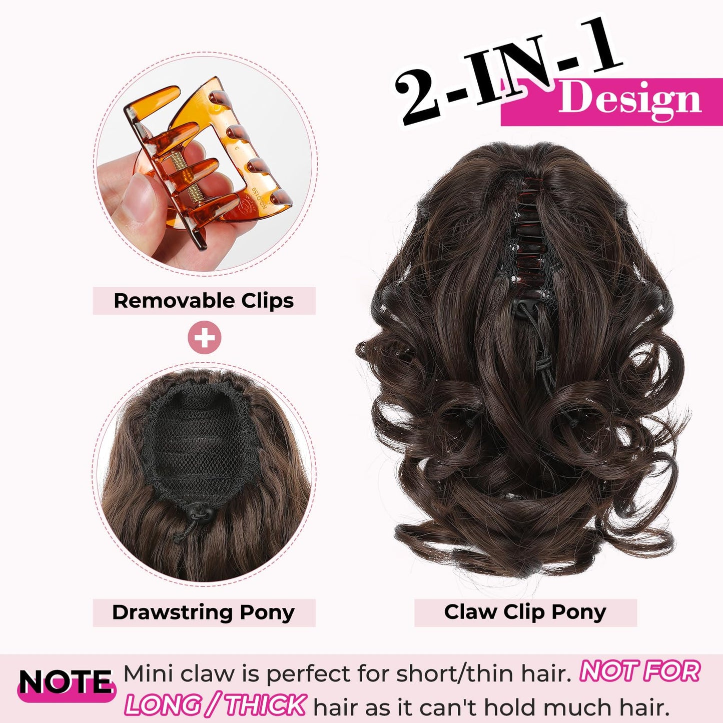 REECHO Ponytail Extension, 9" Claw Clip in Short Curly Wavy Pony Hair Extension Jaw Clip on Pony Tail HP001 Hairpiece for Women - Chocolate Brown with Highlights