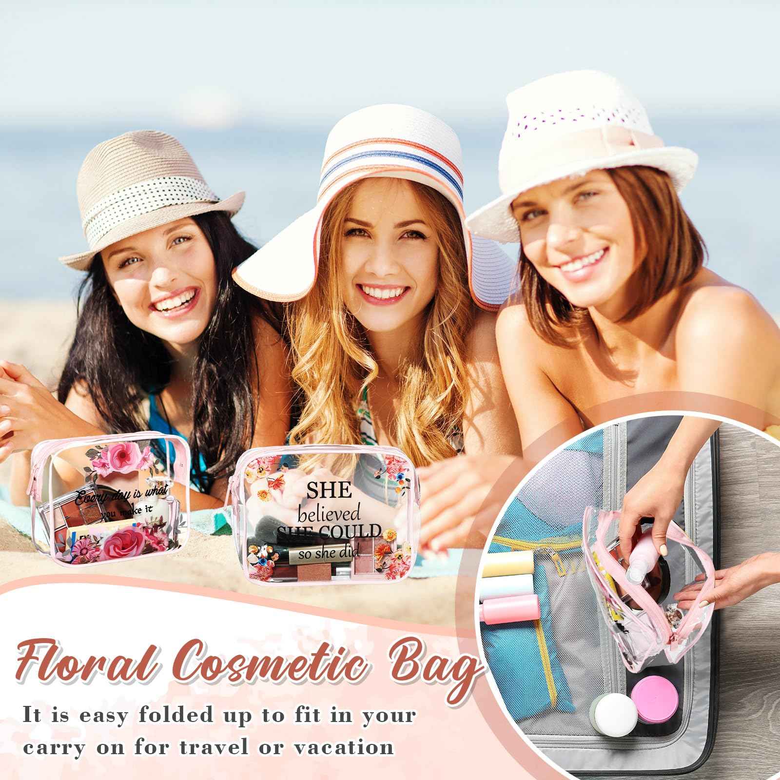 Kacctyen 12 Pcs Clear Makeup Bags Flower Bulk Inspirational Quotes Waterproof Portable with Toiletry Zipper Pink Clear PVC Travel Pouch Encouragement Quotes Bags Appreciation Gift for Mother Nurse