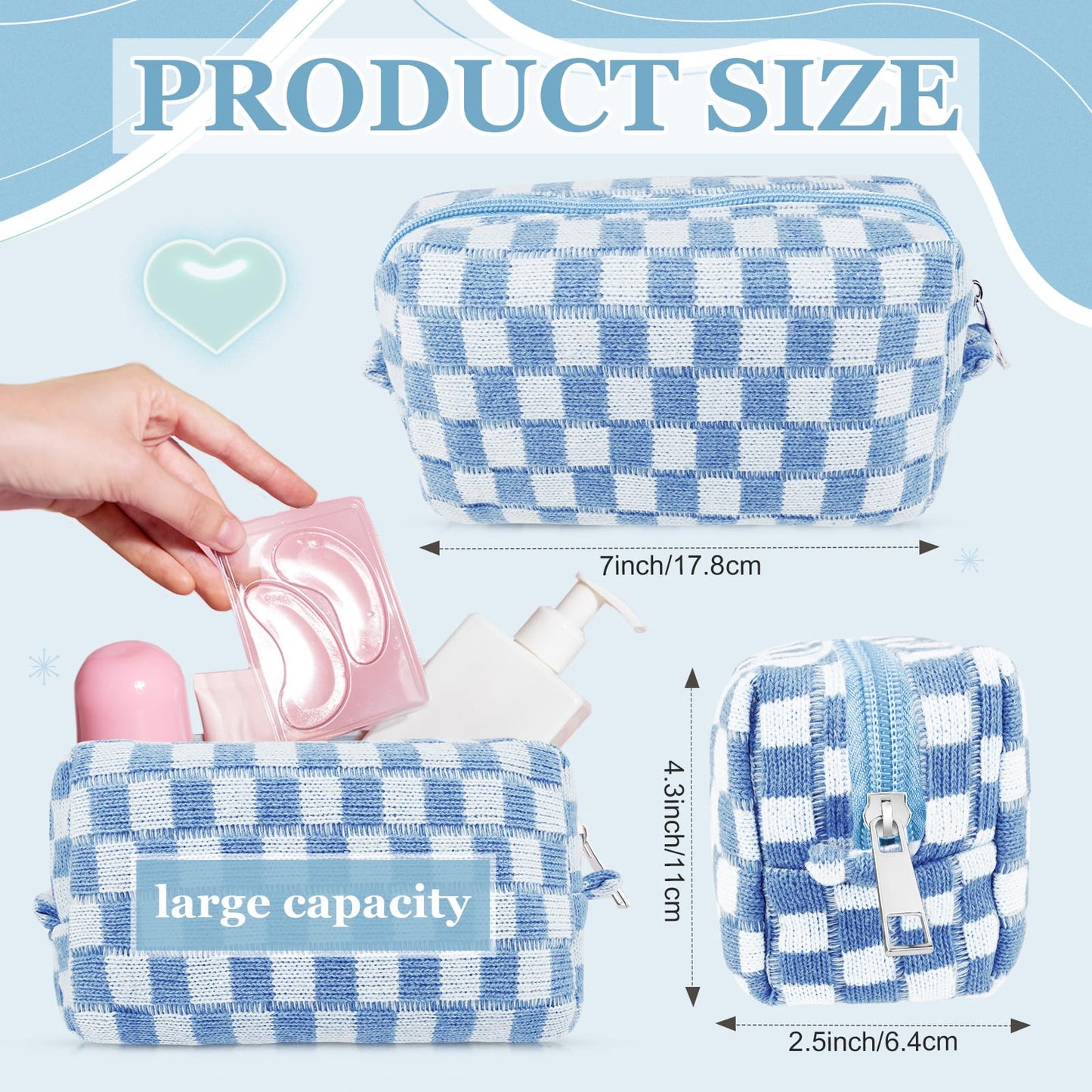 58 Pcs Checkered Makeup Bag Set Preppy Aesthetic Cosmetic Bag Travel Makeup Pouch Toiletry Bag 7 Heishi Surfer Bracelets with 50 Cute Preppy Stickers for Women Girls Teens Gift (Blue)