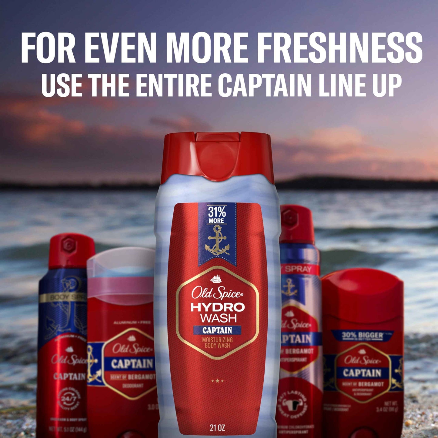 Old Spice Moisturizing Body Wash for Men, Hydro Wash, 2-in-1 Long Lasting Scent & Deep Hydration, 24/7 Shower Fresh, Captain Scent, 21 oz (Pack of 4)