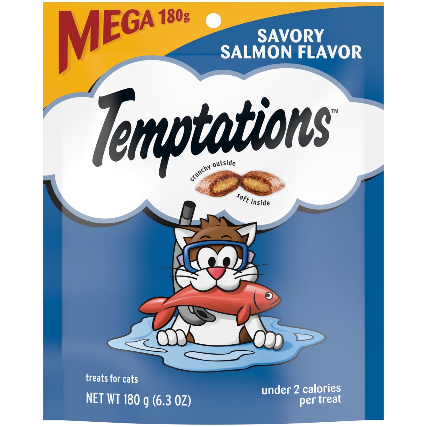 TEMPTATIONS Classic Crunchy and Soft Cat Treats Savory Salmon Flavor, 6.3 oz. Pouch (Pack of 10)