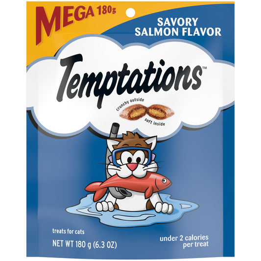 TEMPTATIONS Classic Crunchy and Soft Cat Treats Savory Salmon Flavor, 6.3 oz. Pouch (Pack of 10)