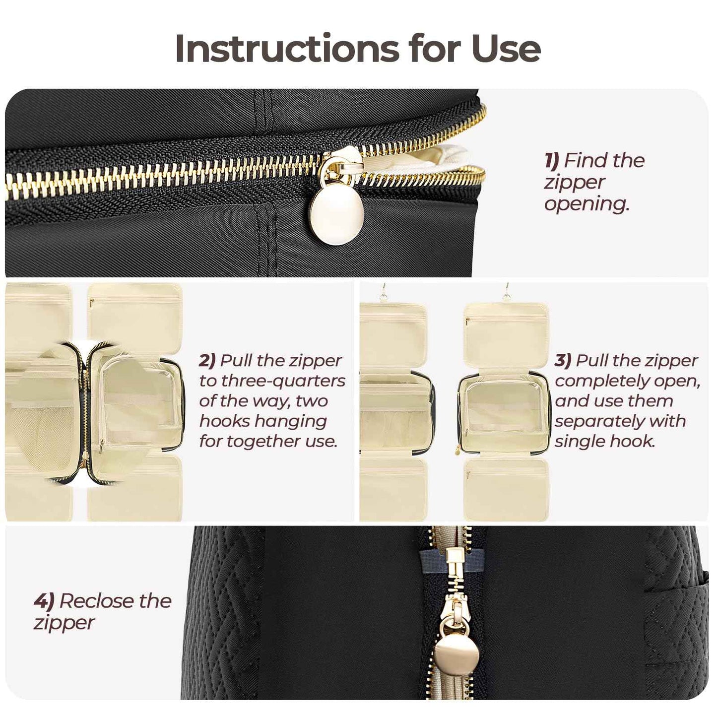 JIECH Hanging Travel Toiletry Bag for Women Detachable Toiletry Bag with 6 Compartments Large Makeup Bag Cosmetic Organizer for Bathroom Shower Business Trips Camping，Black